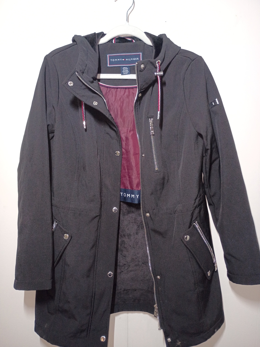 Tommy Hilfiger Black Hooded Trench Coat with Burgundy Lining